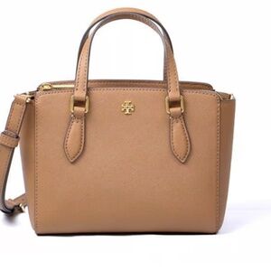 Tory Burch Emerson Moose Brown Mini Top Zip Tote Bag Crossbody Purse